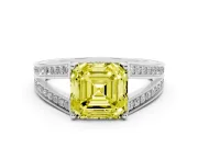 Fancy Yellow Asscher Cut Diamond Split Shank Ring Set in White gold with Pavé Band and Prong Setting