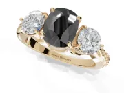 Fancy Black Cushion Cut Lab-Grown Diamond Three-Stone Ring Set in Yellow Gold with Channel-Set Band and Prong Setting