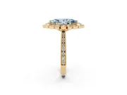 Fancy Blue Marquise Cut Diamond Halo Milgrain Pavé Ring Set in Yellow gold with Prong Setting