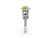Fancy Yellow Round Cut Diamond Halo Ring Set in Platinum with Milgrain Pavé Band and Prong Setting