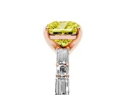 Fancy Yellow Cushion Cut Diamond Solitaire Set in Rose gold with Side Baguettes and Channel Set Band