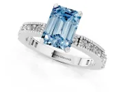 Fancy Blue Emerald Cut Diamond Solitaire Ring Set in White gold with Slim Pavé Band and Prong Setting