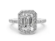 Emerald Cut Diamond Halo Ring Set in White gold with Pavé-Setting Band and Open Prong Center