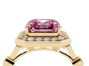 Asscher Cut Halo Engagement Ring Setting for a Fancy Pink Lab-Grown Diamond | Bezel Station Shoulders | Yellow Gold