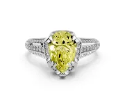 Fancy Yellow Pear Cut Diamond Pavé Split Shank Solitaire Ring Set in Platinum with Prong Setting