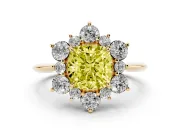 Cushion Cut Cluster Halo Engagement Ring Setting for a Fancy Yellow Lab-Grown Diamond | Yellow Gold