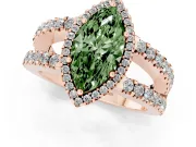 Fancy Green Marquise Cut Diamond Halo Ring Set in Rose gold with Pavé Split Shank and Prong Setting