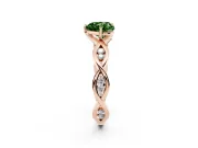 Fancy Green Heart Cut Diamond Twist Band Solitaire Ring Set in Rose gold with Leaf Prong Setting and Accent Stones