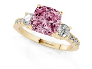Fancy Pink Three-Stone Cushion Cut Diamond Pavé Band Ring Set in Yellow gold with Prong Setting