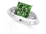 Fancy Green Three-Stone Princess Cut Diamond Ring Set in White gold with Pear Side Stones and Prong Setting