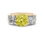 Cushion Cut Three Stone Engagement Ring Setting for a Fancy Yellow Lab-Grown Diamond | Basket Prong Heads | Yellow Gold