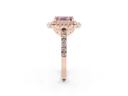 Fancy Pink Emerald Cut Diamond Double Halo Statement Ring Set in Rose gold with Pavé Band