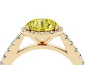 Fancy Yellow Round Cut Diamond Halo Engagement Ring Set in Yellow gold with Pavé Band and Prong Setting