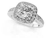 Cushion Cut Diamond Halo Pavé Engagement Ring Set in White gold with Bezel Setting