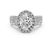 Oval Cut Diamond Halo Ring Set in Platinum with Pavé Band and Raised Center Setting