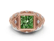 Fancy Green Princess Cut Diamond Bezel Ring Set in Rose gold with Milgrain Accent Band
