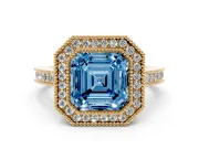 Asscher Cut Milgrain Halo Engagement Ring Setting for a Fancy Blue Lab-Grown Diamond | Yellow Gold