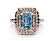 Fancy Blue Emerald Cut Diamond Double Halo Statement Ring Set in Rose gold with Pavé Band