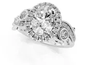 Oval Cut Diamond Halo Ring Set in White gold with Milgrain Pavé Band and Prong Setting