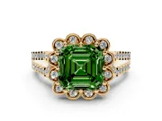 Asscher Cut Floral Halo Engagement Ring Setting for a Fancy Green Lab-Grown Diamond | Pavé Split Shank | Yellow Gold