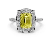 Emerald Cut Petal Tip Halo Engagement Ring Setting for a Fancy Yellow Lab-Grown Diamond | Pavé Band | Platinum
