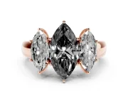 Fancy Black Three-Stone Marquise Cut Diamond Ring Set in Rose gold with Matching Prong Settings and Plain Band