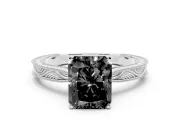 Fancy Black Radiant Cut Diamond Solitaire Milgrain Engraved Band Set in Silver with Prong Setting