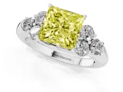 Fancy Yellow Princess Cut Diamond Cluster Ring Set in Silver with Round Accent Stones and Prong Setting on a Plain Band