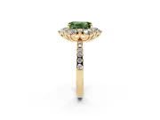 Fancy Green Emerald Cut Diamond Floral Halo Ring Set in Yellow gold with Round Pavé Band and Prong Setting