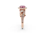 Fancy Pink Round Cut Diamond Halo Ring Set in Rose gold with Milgrain Pavé Band and Prong Setting