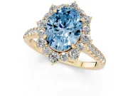 Oval Scalloped Halo Engagement Ring Setting for a Fancy Blue Lab-Grown Diamond | Single Row Pave | Yellow Gold