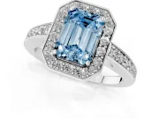 Fancy Blue Emerald Cut Diamond Halo Pavé Engagement Ring Set in Silver with Bezel Setting
