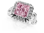 Fancy Pink Princess Cut Diamond Halo Ring Set in Platinum with Scrollwork Band and Prong Setting