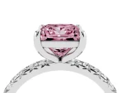 Fancy Pink Princess Cut Diamond Pavé Solitaire Ring Set in Platinum with Round Band and Prong Setting