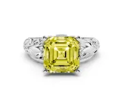Fancy Yellow Asscher Cut Diamond Filigree Halo Engagement Ring Set in White gold with Prong Setting