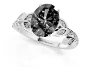 Fancy Black Oval Cut Diamond Solitaire Leaf-Inspired Ring Set in Silver with Pavé Band and Prong Setting