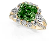 Fancy Green Asscher Cut Diamond Halo Split Shank Engagement Ring Set in Yellow gold with Prong-Held Center Stone