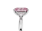 Fancy Pink Emerald Cut Diamond Solitaire Ring Set in Silver with Thin Band and Prong Setting