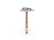 Fancy Blue Pear Cut Diamond Halo Milgrain Pavé Ring Set in Rose gold with Prong Setting