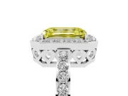Fancy Yellow Emerald Cut Diamond Halo Ring Set in Silver with Pavé-Setting Band and Open Prong Center