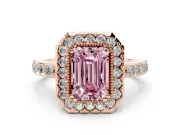 Emerald Cut Milgrain Halo Engagement Ring Setting for a Fancy Pink Lab-Grown Diamond | Pavé Shoulders | Rose Gold