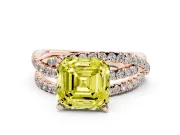 Fancy Yellow Asscher Cut Diamond Solitaire Twist Band Ring Set in Rose gold with Pavé Setting and Prong Head