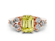 Fancy Yellow Emerald Cut Diamond Solitaire Ring Set in Rose gold with Cluster Accents on Each Side