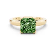 Fancy Green Princess Cut Diamond Solitaire Ring Set in Yellow gold with Prong Head and Smooth Polished Band