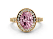 Fancy Pink Oval Cut Diamond Milgrain Halo Solitaire Ring Set in Yellow gold with Bezel Set Side Stones and Pavé Band