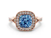 Fancy Blue Cushion Cut Diamond Halo Engagement Ring Set in Rose gold with Milgrain Pavé Band