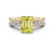 Fancy Yellow Emerald Cut Diamond Three-Stone Ring Set in Yellow gold with Pavé Split Shank and Prong Setting