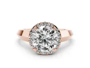 Round Cut Diamond Halo Ring Set in Rose gold with Cathedral Band and Prong Setting