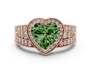 Fancy Green Heart Cut Diamond Halo Ring Set in Rose gold with Accent Split Shank and Prong Setting