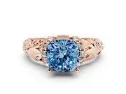 Fancy Blue Cushion Cut Diamond Filigree Halo Engagement Ring Set in Rose gold with Prong Setting